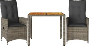vidaXL 3 részes szürke polyrattan bisztrógarnitúra párnákkal