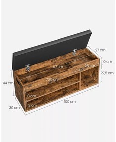 Cipőtároló pad, párnázott ülőfelülettel, felnyitható, rusztikus barna 100x30x44cm