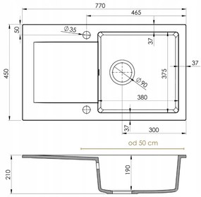 Mosogató Quality Ferrum, konyhai gránit mosogató 770x450x190 mm + szifon, fehér, SKQ-FER.W.1KDO.X