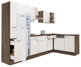 Yorki 310 sarok konyhabútor yorki tölgy korpusz,selyemfényű fehér fronttal felülfagyasztós hűtős szekrénnyel