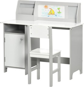 HOMCOM Gyermek íróasztal és szék szett fehér táblával, 5+ éves gyerekeknek, 90x45x85 cm, szürke | Aosom
