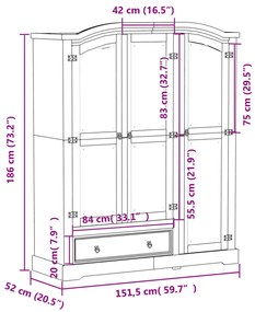 Corona tömör fenyőfa ruhásszekrény 151,5 x 52 x 186 cm