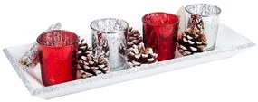 Adventi mécsestartó, toboz díszítéssel, ezüst-piros - POMME