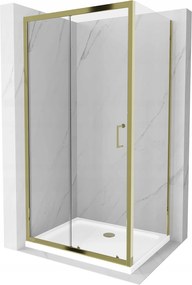 Mexen Apia zuhanykabin tolóajtóval 140 (ajtó) x 90 (fal) cm, 5mm átlátszó üveg, arany profil + fehér SLIM zuhanytálca, 840-140-090-50-00-4010G