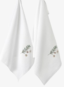 Goldea karácsonyi hímzett waffle konyharuha - gömbök az ágon fehér háttéren 50 x 70 cm