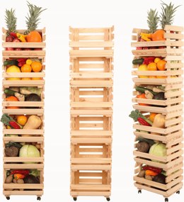 Zöldségtartó állvány fa gurulós láda állvány 6 láda 157x40x30