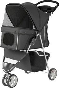 PawHut összecsukható kutyakocsi kis kutyáknak — tárolókosár, hálós ablakok, pohártartó, 10 kg, 77×44×102 cm, sötétszürke | Aosom