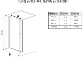 Stuxi Bari 70/80/90/100 cm széles egyszárnyú nyíló zuhanyajtó, 6 mm vízlepergető üveggel, króm profillal, 195 cm magas