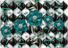 Vinyl fotótapéta Virágok türkiz sakktábla ezüst 254x184 +ragasztó