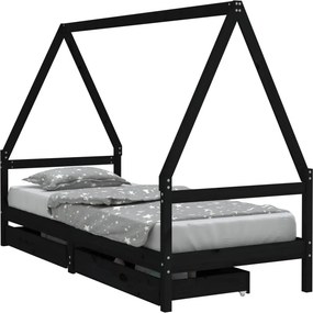 vidaXL fekete tömör fenyőfa gyerekágy keret fiókkal 90x190 cm