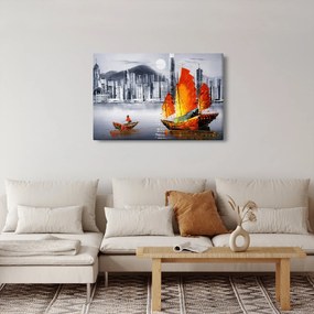 Festmény - Victoria Harbour, Hong Kong, fekete-fehér olajfestmény (90x60 cm)