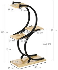 4 szintes S formájú viráglépcső, növényállvány fém kerettel, fekete 46cm x 25cm x 91cm