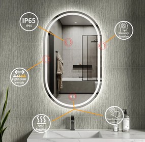Erga Lyra, ovális LED tükör 60x100cm, 3 színű fény, első és hátsó világítás, páramentes fűtőbetét, ERG-V01-Lyra-6010-CL