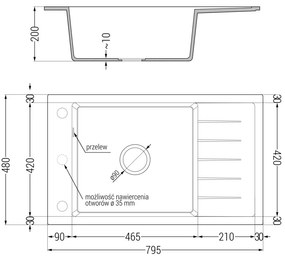 Mexen Elias, gránit mosogató gránit 795x480x200 mm, 1 kamrás, szürke arany szifonnal és arany Rita mosogató csapteleppel, 6511-71-670300-50