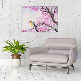 Kép - Madár egy fán rózsaszín virágokkal (üvegen) (70x50 cm)