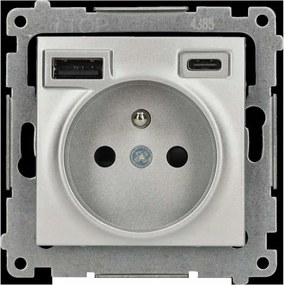 Ezüst színű elektromos aljzat telefontöltővel 2XUSB Kontakt Simon 54