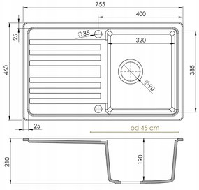 Mosogató Quality Sapphire, konyhai gránit mosogató 755x460x190 mm + fekete szifon, fekete, SKQ-SAP.C.1KDO.XB