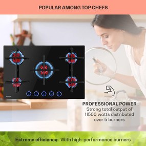 Klarstein Illuminosa 5, gázfőzőlap, 5 Sabaf égő, üvegkerámia, fekete