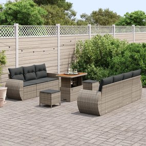 10 részes kert kanapé szett párnákkal Szürke Poli Rattan Akác, 3 részes kert étkező szett párnákkal Szürke Poli Rattan Akác