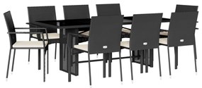 9 részes fekete polyrattan kerti étkezőgarnitúra párnákkal