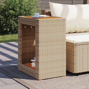 bézs polyrattan kerti kisasztal fa asztallappal 60x40x75 cm