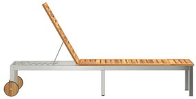 Napozóágy Kerekekkel 207x58x35 cm Tömör Akácfából és Rozsdamentes Acélból