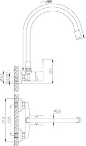Invena Verso, falra szerelhető konyhai csaptelep 150mm elasztikus karral, fekete matt, INV-BC-82-E44-L