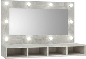 Betonszürke tükrös szekrény LED-ekkel 90 x 31,5 x 62 cm