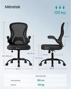 Ergonomikus irodai szék hálós háttámlával, deréktámasszal és felhajtható kartámasszal, fekete