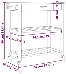 MONZA tömör fenyőfa konyhai kocsi 84 x 40 x 88,5 cm