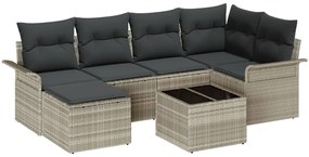 7 Részes Kert Kanapé Szett Párnákkal Szürke Poly Rattan, 2-Fős Kert Kanapé Tárolóval és Párnákkal Világosszürke Poly Rattan