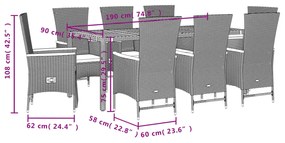 9 részes fekete polyrattan kerti étkezőgarnitúra párnákkal