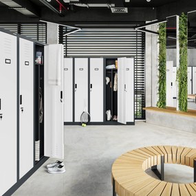 Pléh öltözőszekrény talpazaton, kétmodulos, polccal és köztes fallal KACPER, 800 x 1800 x 500 mm, antracit-fehér