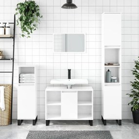 3 részes magasfényű fehér szerelt fa fürdőszobai bútorszett