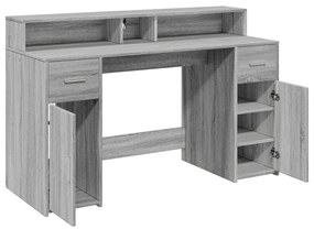 szürke sonoma színű szerelt fa íróasztal LED-ekkel 140x55x91 cm