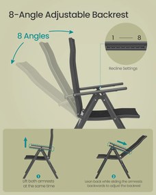 4 darabos összecsukható kerti székkészlet, 8-szögben dönthető háttámlával, max. székenként 150 kg teherbírás, fekete
