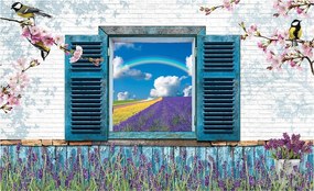 Fotótapéta Provence ablak levendula tégla mező 254x184 +ragasztó