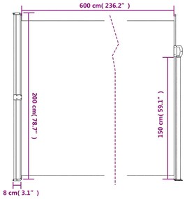 bézs behúzható oldalsó napellenző 200 x 600 cm