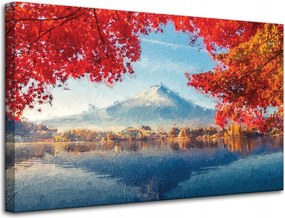 Vászonkép Színes levelek Város Hegy Víz 80x50 cm