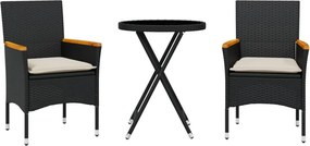 vidaXL 3 részes fekete polyrattan/üveg bisztrógarnitúra párnával