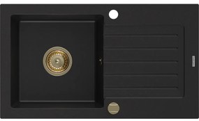 Mexen Pablo, gránit mosogató 752x436x161 mm, 1 kamrás, fekete, arany szifonnal, 6510751010-77-G