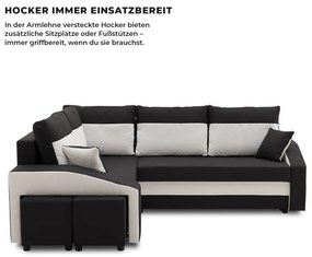 Grande sarokkanapé polcokkal és puffokkal , polc a jobb karfaban puffok a bal karfaban, baloldali, szövet anyag, hab töltet, fekete - fehér