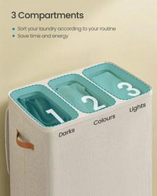 Szennyestartó Kosár, 190 L-es, 3 Rekeszes Szennyeskosár, 64 x 40 x 75 cm, Cappuccino Bézs