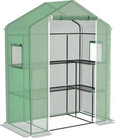Outsunny Kültéri Üvegház 1 Rolós Ajtóval, 2 Ablakkal és U-Formájú 2-Szintes Polcokkal - Üvegház Növénytermesztéshez Teraszon 140x73x190 cm Zöld | Aoso
