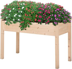 Outsunny Emelt Városi Kert Természetes Fa 122,5x56,5x76 cm Emelt ültetőasztal Nem szőtt anyaggal és 4 Drainázs Lyukkal Növényekhez, Virágokhoz, Konyha