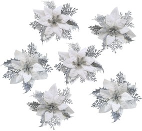 Karácsonyi dekoráció Poinsettiaszilvesztervirággal, ezüst, 6 darabos szett