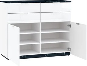 MARMO 2 ajtós, 4 fiókos komód | Magasfényű fehér + Márvány