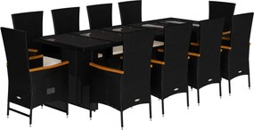 vidaXL 11 részes fekete polyrattan kerti étkezőgarnitúra párnákkal