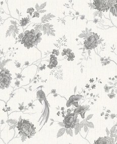 Tapéta Fehér Csillámos Minta Ezüst Virágok Madarak