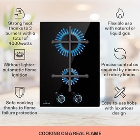 Klarstein Illuminosa Domino, gázfőzőlap, 2 Sabaf égő, üvegkerámia